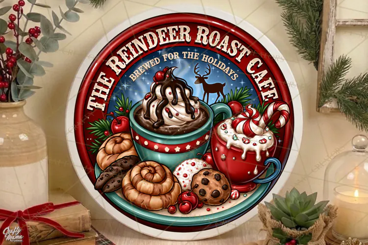 Reindeer Roast Cafe | Christmas Door Sign PNG
