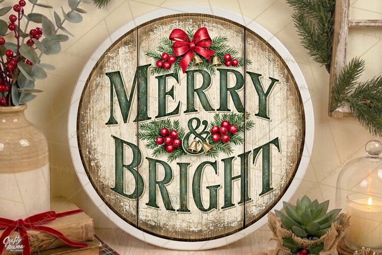 Merry And Bright | Vintage Christmas Door Sign PNG example image 1