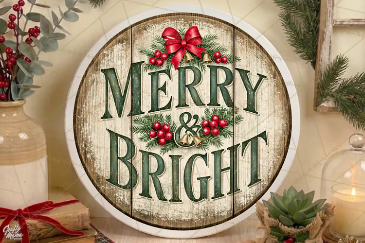 Merry And Bright | Vintage Christmas Door Sign PNG