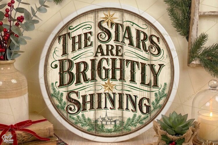 Stars Are Brightly Shining | Vintage Christmas Door Sign PNG example image 1