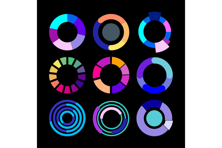 Nine colorful circular charts analyzing business data inform