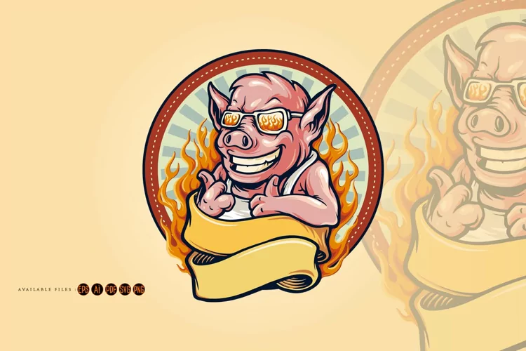Pig barbecue bbq mascot logo Ribbon Fire Vintage