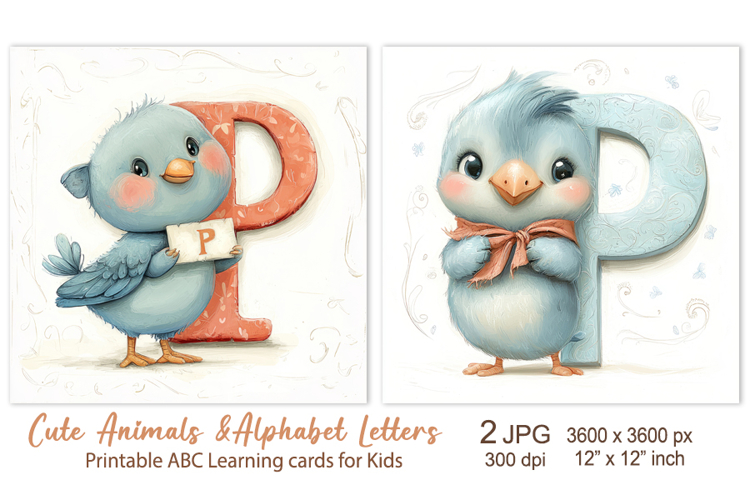 Cute Pigeon baby Animal Alphabet Letters, ABC Printable card