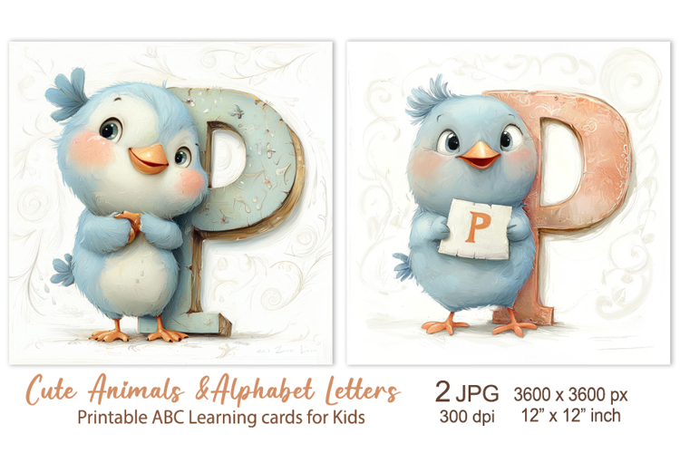 Cute Pigeon baby Animal Alphabet Letters, ABC Printable card