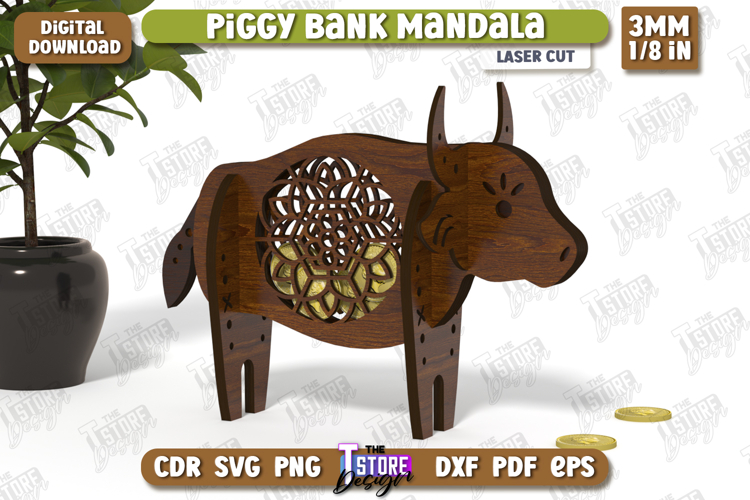 Personalized Piggy Bank Laser Cut| Cow Design | Mandala |CNC