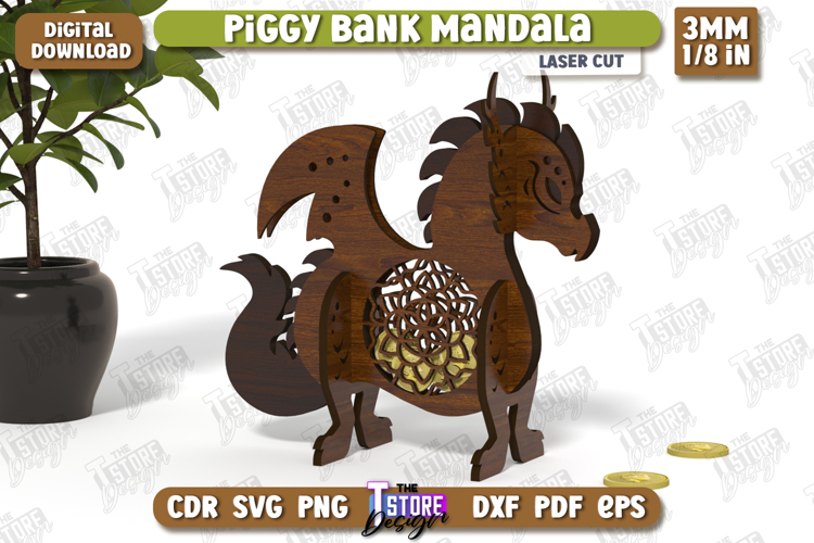 Personalized Piggy Bank Laser Cut | Dragon Design | Mandala