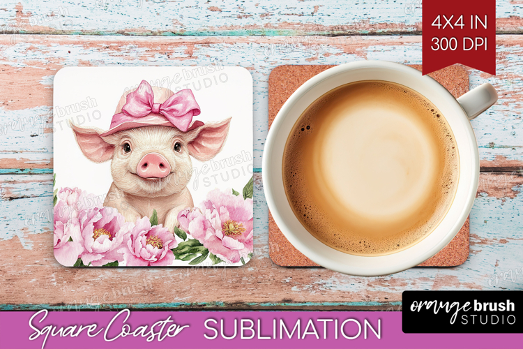 Piglet Flowers Square Coaster Cute Farm Coaster PNG