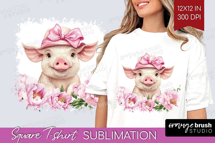 Piglet Flowers Square Tshirt Background Cute Farm PNG