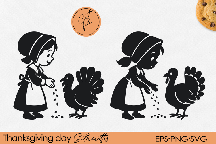 Cute Pilgrim Girl Silhouette | Thanksgiving Cartoon PNG EPS