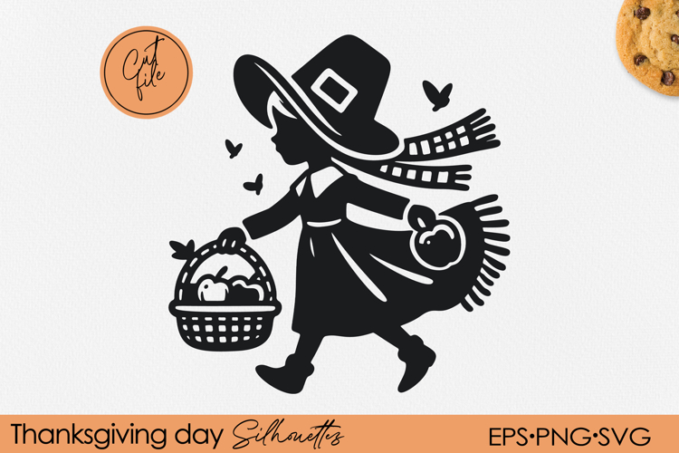 Cute Pilgrim Girl Silhouette | Thanksgiving Cartoon PNG EPS
