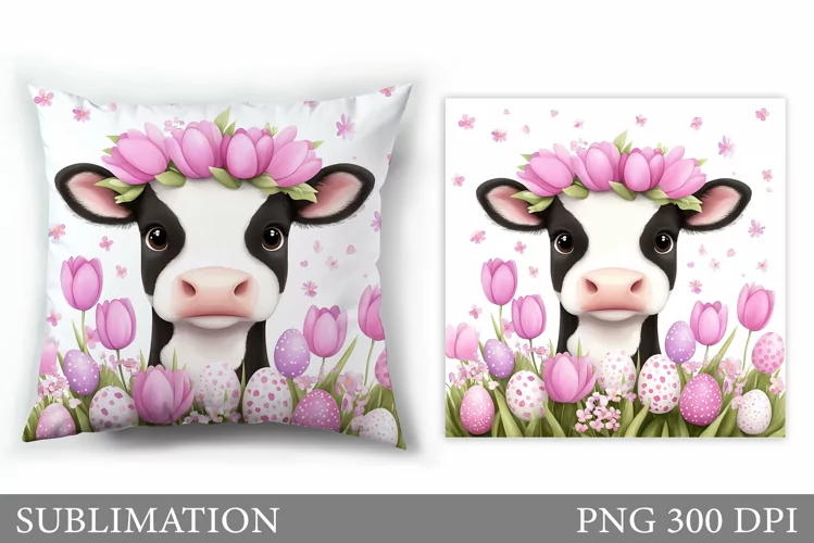 Easter Cow Pillow Design. Easter Pillow Sublimation
