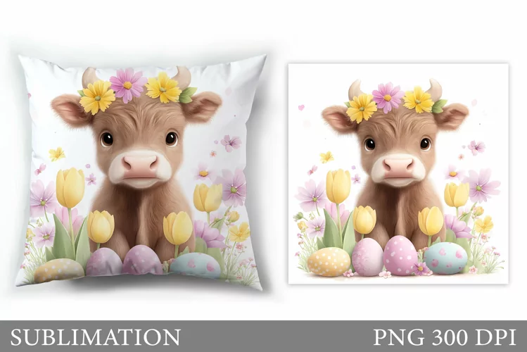 Cute Highland Cow Pillow. Easter Cow Pillow Sublimation