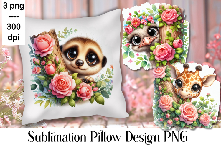Sublimation of cute animals in roses | Pillow png