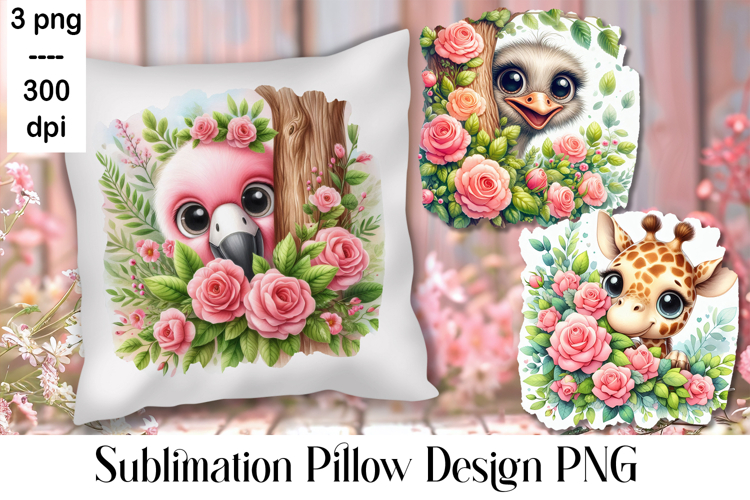 Sublimation of cute animals in roses | Pillow png