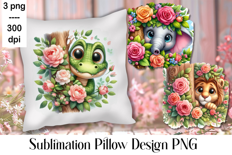 Sublimation of cute animals in roses | Pillow png