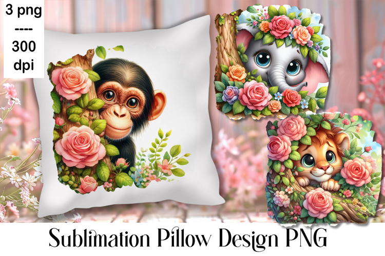 Sublimation of cute animals in roses | Pillow png