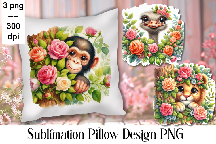 Sublimation of cute animals in roses | Pillow png