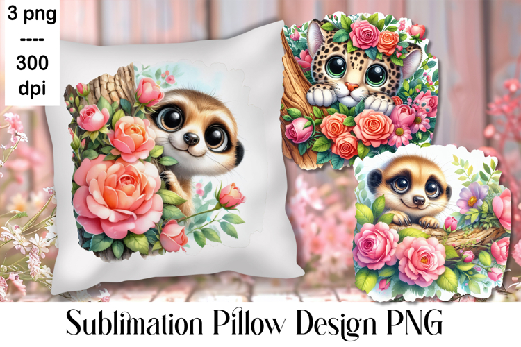 Sublimation of cute animals in roses | Pillow png