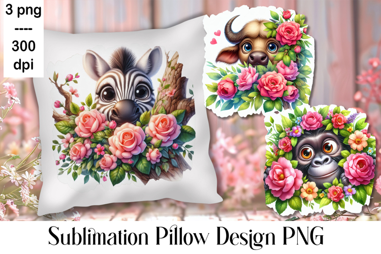 Sublimation of cute animals in roses | Pillow png