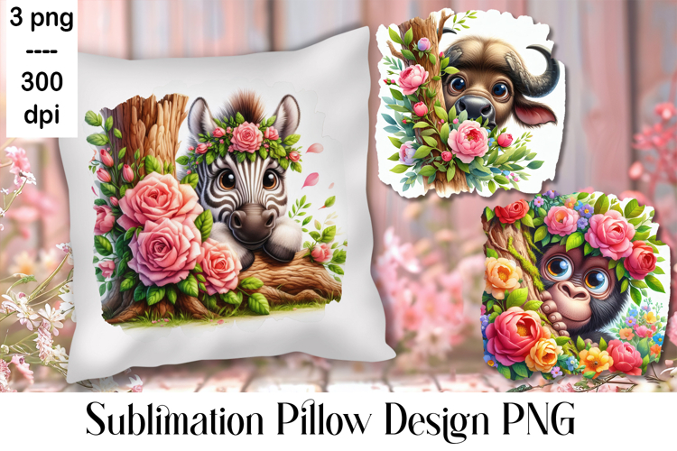 Sublimation of cute animals in roses | Pillow png