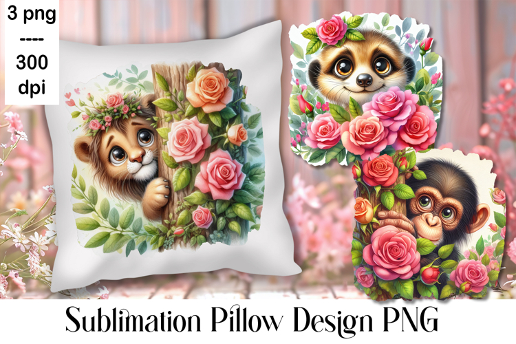 Sublimation of cute animals in roses | Pillow png