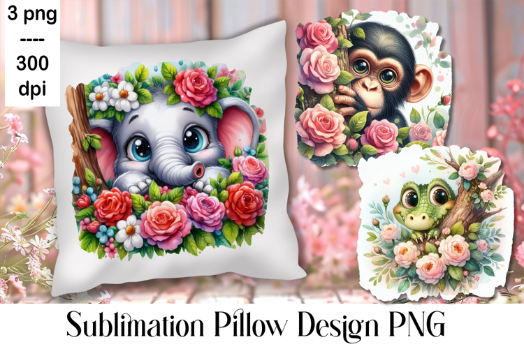 Sublimation of cute animals in roses | Pillow png