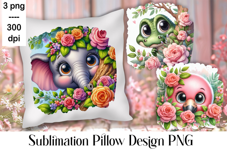 Sublimation of cute animals in roses | Pillow png
