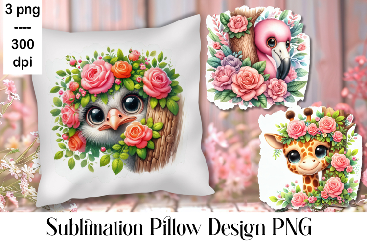 Sublimation of cute animals in roses | Pillow png
