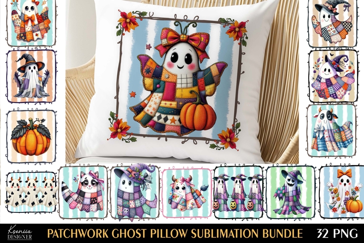 Patchwork Ghost Pillow Sublimation Design Fall Halloween