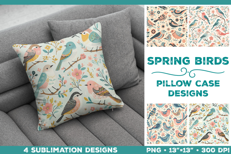Scandinavian Spring Birds Pillowcase Sublimation Design PNG