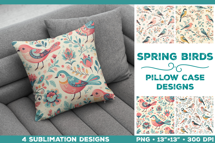 Scandinavian Spring Birds Pillowcase Sublimation Design PNG