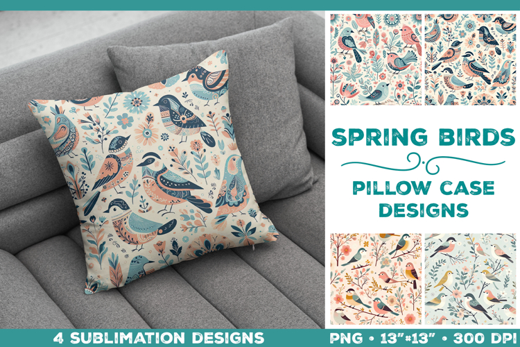 Scandinavian Spring Birds Pillowcase Sublimation Design PNG