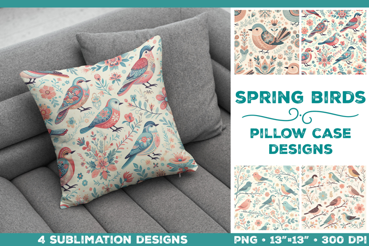 Scandinavian Spring Birds Pillowcase Sublimation Design PNG