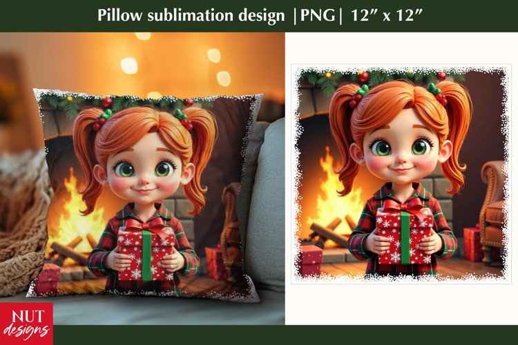 Christmas pillow, Red hair girl with gift sublimation, card