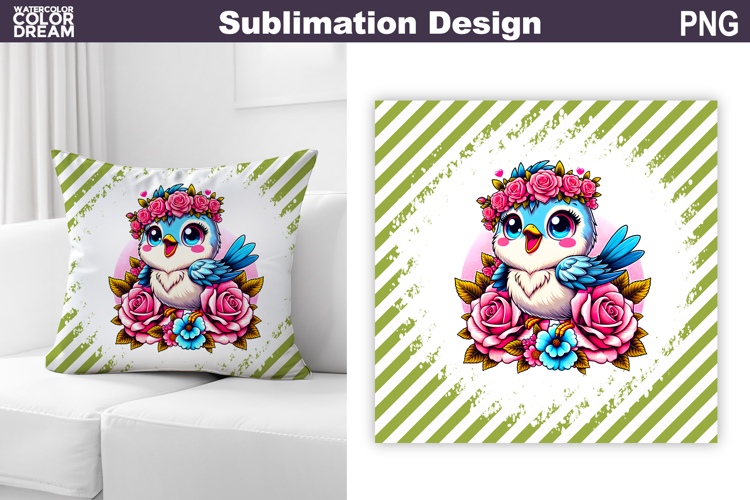 Cute Bird Floral Pillow Design | Bird Roses Sublimation
