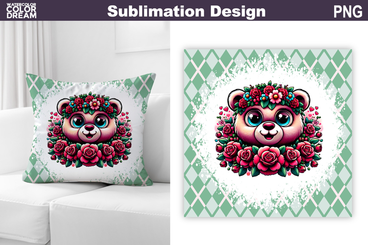 Cute Bear Floral Pillow Design | Baby Bear Sublimation