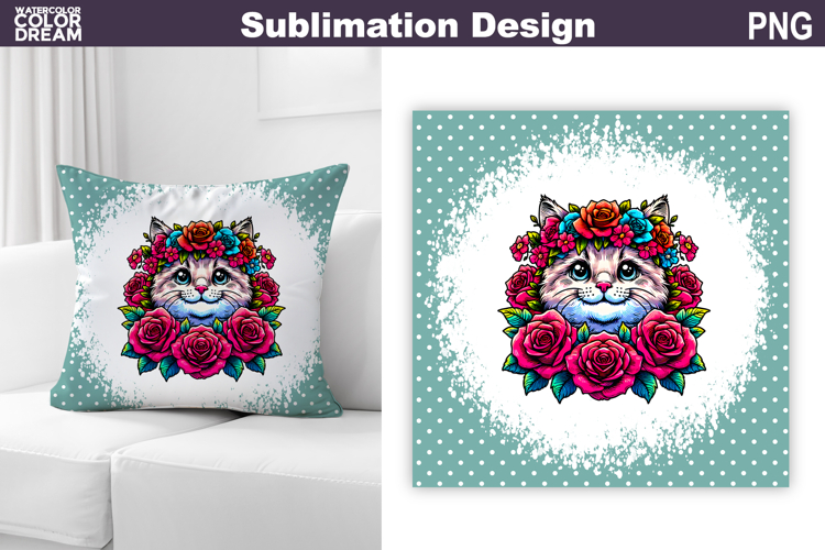 Cute Cat Floral Pillow Design | Kitty Roses Sublimation example image 1