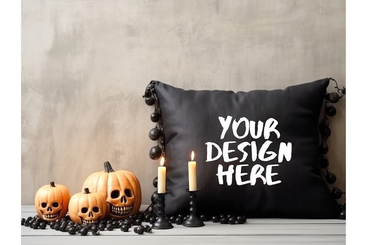 Fall Autumn Halloween Pillow Mockup Blank Black Pillow Decor example image 1