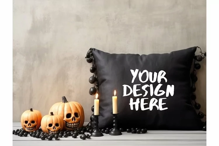 Fall Autumn Halloween Pillow Mockup Blank Black Pillow Decor