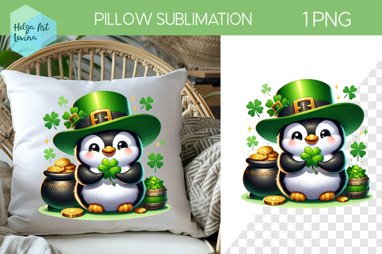 St. Patricks Day Sublimation, Pillow Penguin PNG