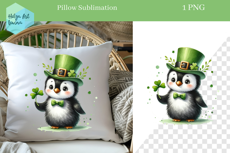 St. Patricks Day Sublimation, Pillow Penguin PNG