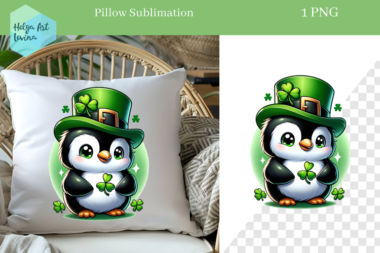 St. Patricks Day Sublimation, Pillow Penguin PNG