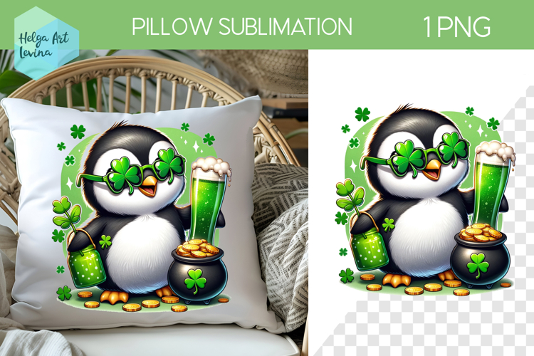 St. Patricks Day Sublimation, Pillow Penguin PNG