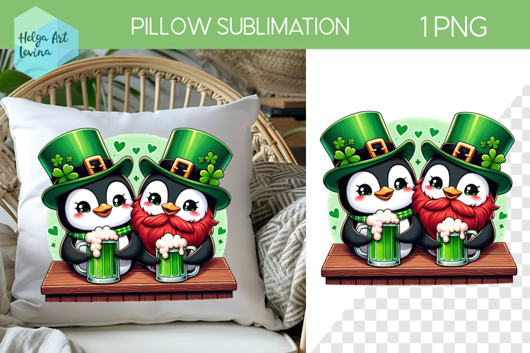 St. Patricks Day Sublimation, Pillow Penguin PNG