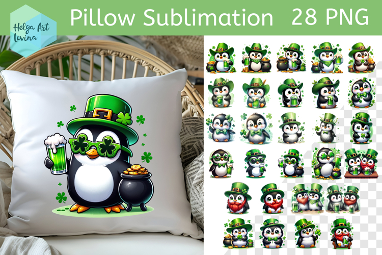 St. Patricks Day Sublimation, Pillow Penguin PNG