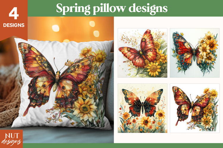 Sunflower Butterfly Pillows Watercolor Spring pillow