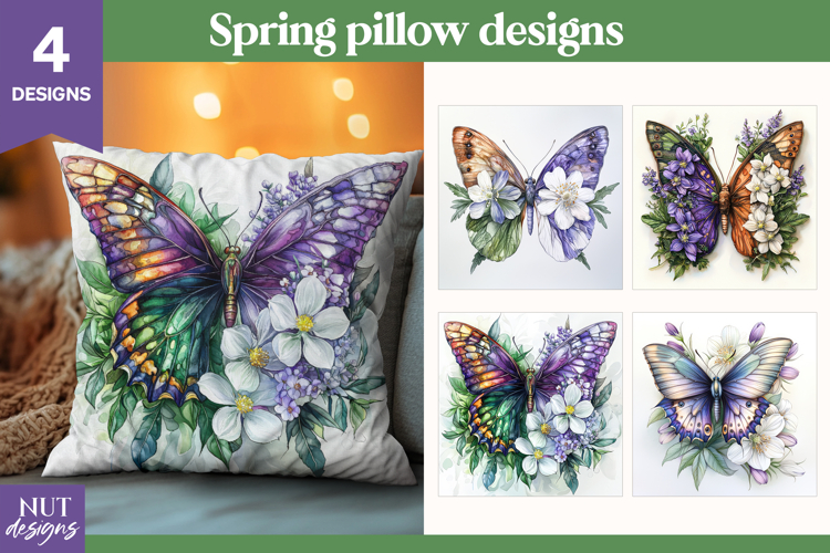 Watercolor Spring pillow, Floral pillow, Purple Butterfly