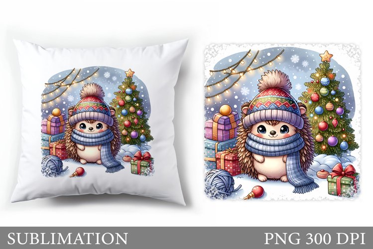 Cute Hedgehog Pillow Design. Christmas Pillow Sublimation example image 1
