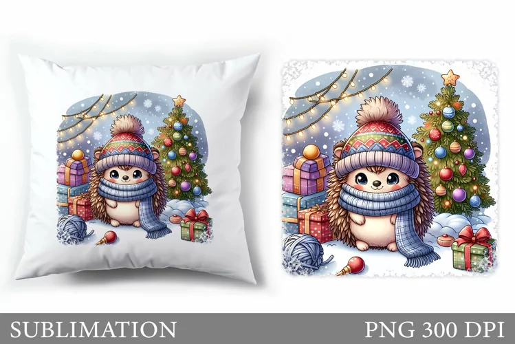 Cute Hedgehog Pillow Design. Christmas Pillow Sublimation