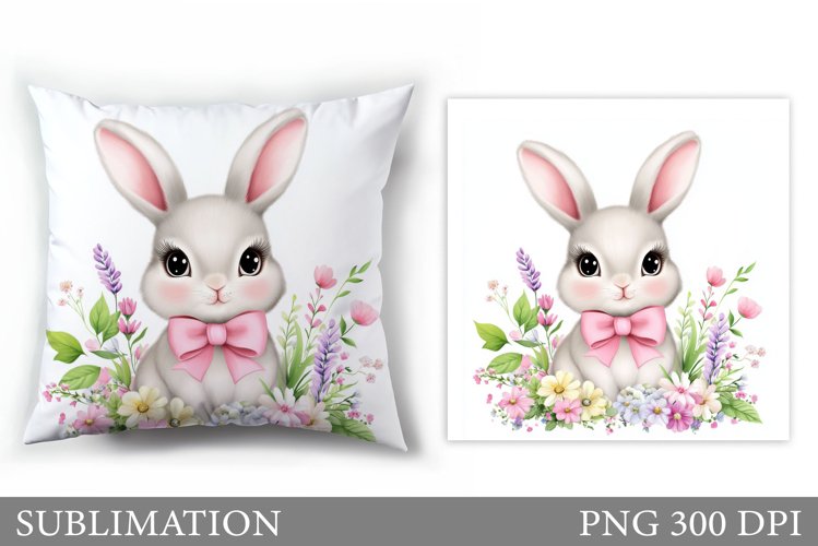 Cute Bunny Pillow Sublimation. Bunny Flowers Sublimation example image 1